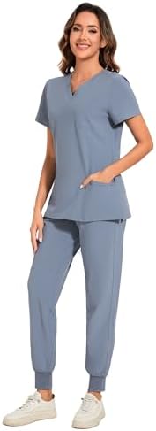 COZYFIT Scrubs for Women Set - Stretch V-Neck & Jogger Pant with 9 Pockets