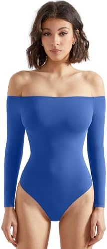SUUKSESS Women Off Shoulder Long Sleeve Bodysuits Double Lined Basic Tops