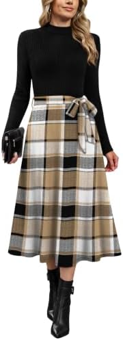 OFEEFAN Long Sleeve Dress Mock Neck Tie Waist Ribbed Knit Midi Dresses Fall Outfits