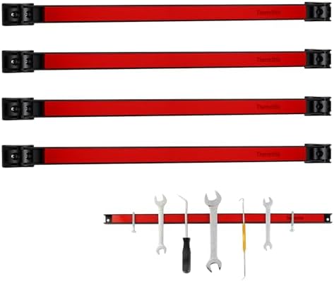 18" Magnetic Tool Holder Strip, 4 Pieces Red Metal Tool Organizer Rack with Stainless Steel Surface, Magnet Bar for Garage Workshop, Easy To Install with Mounting Screws