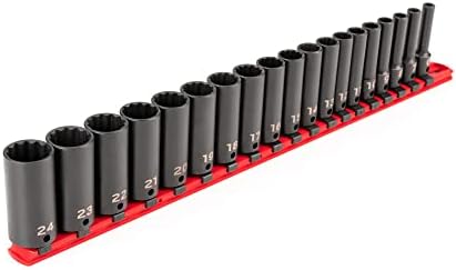 TEKTON 3/8 Inch Drive Impact Socket Set, 19-Piece | SID91115 | (6 - 24 mm), Deep, 12-Point, Socket Rail