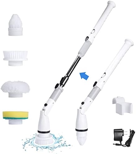 Electric Spin Scrubber Cordless Power Scrubber Cleaning Brush with Adjustable Detachable Long Handle & 4 Replaceable Brush Heads Household Cleaning Supplies for Bathroom Shower Floor