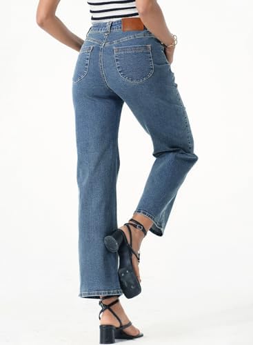 Sidefeel Women's Straight Leg Jeans High Waisted Stretchy Jeans Zimbaplatinum Wide Leg Ankle Denim Pants with Pockets