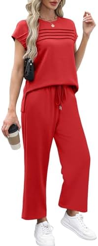 WIHOLL Two Piece Sets for Women Summer Spring Travel Vacation Outfits Cap Sleeve Lounge Matching Sets Wide Leg Pants S-3XL