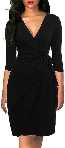Berydress Women's 3/4 Sleeve V Neck Casual Party Work Faux Black Wrap Dress