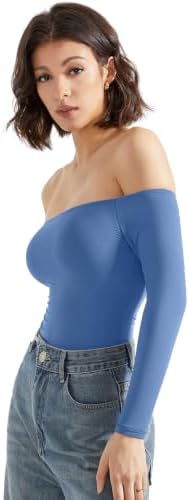 SUUKSESS Women Off Shoulder Long Sleeve Bodysuits Double Lined Basic Tops