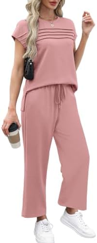 WIHOLL Two Piece Sets for Women Summer Spring Travel Vacation Outfits Cap Sleeve Lounge Matching Sets Wide Leg Pants S-3XL