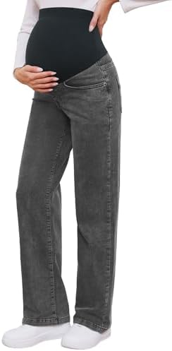 fitglam Women's Maternity Jeans Straight Leg Relaxed Fit Over Belly Pregnancy Denim Work Pants Maternity Clothes with Pockets