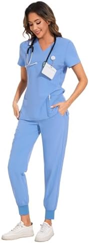 COZYFIT Scrubs for Women Set - Stretch V-Neck & Jogger Pant with 9 Pockets