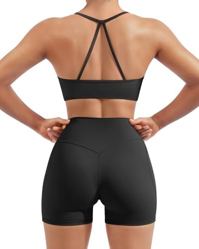 SUUKSESS Women 2 Piece Workout Sets Padded Halter Sports Bras High Waisted Biker Shorts with Pockets