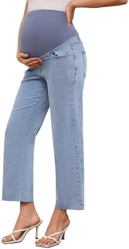 fitglam Women's Maternity Jeans Straight Leg Relaxed Fit Over Belly Pregnancy Denim Work Pants Maternity Clothes with Pockets