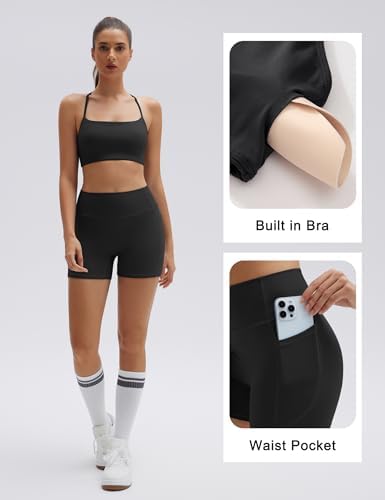 SUUKSESS Women 2 Piece Workout Sets Padded Halter Sports Bras High Waisted Biker Shorts with Pockets