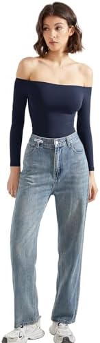SUUKSESS Women Off Shoulder Long Sleeve Bodysuits Double Lined Basic Tops