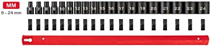 TEKTON 3/8 Inch Drive Impact Socket Set, 19-Piece | SID91114 | (6 - 24 mm), Shallow, 12-Point, Socket Rail