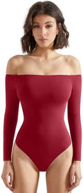 SUUKSESS Women Off Shoulder Long Sleeve Bodysuits Double Lined Basic Tops