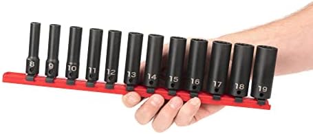 TEKTON 3/8 Inch Drive Impact Socket Set, 12-Piece | SID91111 | (8 - 19 mm), Deep, 12-Point, Socket Rail