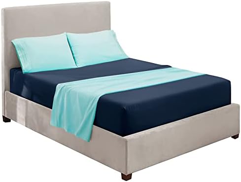 Nestl Queen Sheets Set - 4 Piece Queen Bed Sheets, Hotel Luxury, Extra Soft, Double Brushed Bedding for Queen Size, 2 Tone Navy/Aqua Set, Navy Fitted Sheet, Aqua Flat Sheet, Aqua Pillow Case