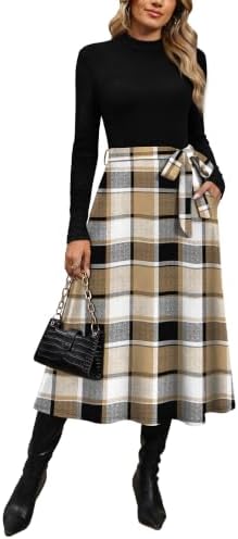 OFEEFAN Long Sleeve Dress Mock Neck Tie Waist Ribbed Knit Midi Dresses Fall Outfits