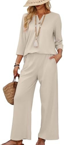 WIHOLL Two Piece Sets for Women 3/4 Length Sleeve Lounge Sets Summer Spring Vacation Travel Outfits Fashion Clothing