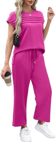 WIHOLL Two Piece Sets for Women Summer Spring Travel Vacation Outfits Cap Sleeve Lounge Matching Sets Wide Leg Pants S-3XL