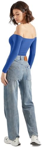 SUUKSESS Women Off Shoulder Long Sleeve Bodysuits Double Lined Basic Tops
