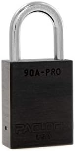PACLOCK's 90A-PRO Padlock, 1/4" Diameter Hard. Stainless Steel Shackle, 1-3/16" Tall, High Performance 7-Pin Cylinder w/ 1 Key, Keyed Alike, Black