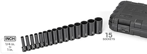 TEKTON 3/8 Inch Drive Impact Socket Set, 15-Piece | SID91305 | (1/4 - 1 in.), Deep, 12-Point, Case