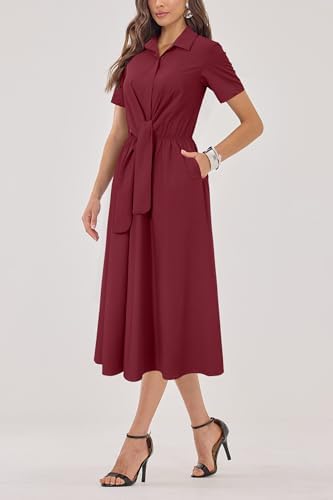 Newshows Women's Work Business Casual Outfits Tie Waist Midi Shirt Dress