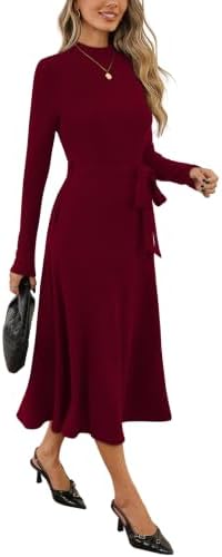 OFEEFAN Long Sleeve Dress Mock Neck Tie Waist Ribbed Knit Midi Dresses Fall Outfits