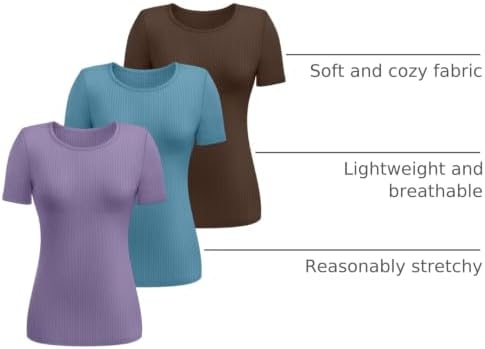 Ficerd 3 Pack Women's Ribbed Short Sleeve T-Shirts