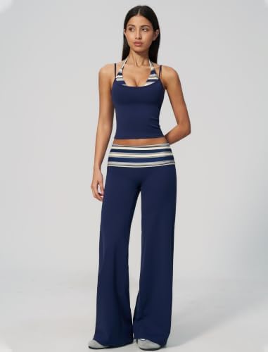 QBGJTD Womens Workout Sets Two Piece Striped Tank Top Wide Leg Yoga Pants Yoga Pilates Outfits