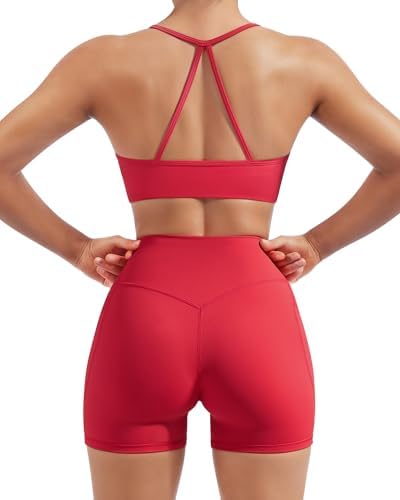 SUUKSESS Women 2 Piece Workout Sets Padded Halter Sports Bras High Waisted Biker Shorts with Pockets
