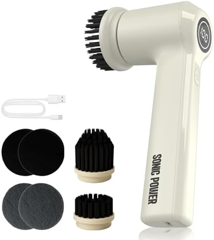 SonicPower Electric Spin Scrubber – Handheld & Ergonomic, IPX7 Waterproof, 4 Multi-Purpose Brush Heads, Long-Lasting Rechargeable Battery – Cleans Dishes, Bathroom, Tile, Grout & Kitchen (Beige)