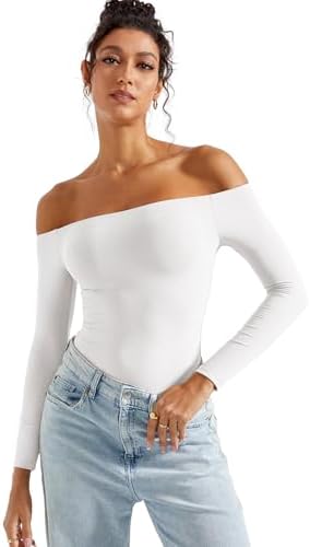 SUUKSESS Women Off Shoulder Long Sleeve Bodysuits Double Lined Basic Tops