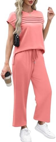 WIHOLL Two Piece Sets for Women Summer Spring Travel Vacation Outfits Cap Sleeve Lounge Matching Sets Wide Leg Pants S-3XL