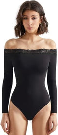 SUUKSESS Women Off Shoulder Long Sleeve Bodysuits Double Lined Basic Tops
