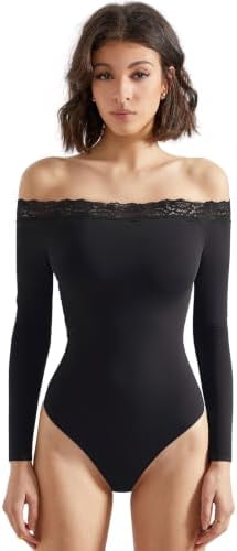 SUUKSESS Women Off Shoulder Long Sleeve Bodysuits Double Lined Basic Tops