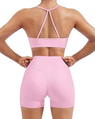 SUUKSESS Women 2 Piece Workout Sets Padded Halter Sports Bras High Waisted Biker Shorts with Pockets