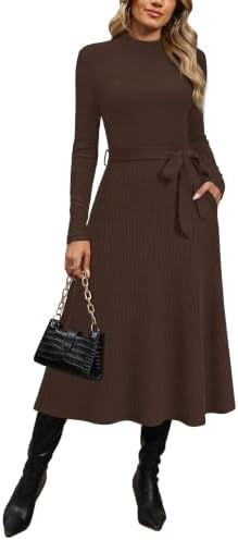 OFEEFAN Long Sleeve Dress Mock Neck Tie Waist Ribbed Knit Midi Dresses Fall Outfits