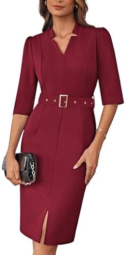 GRACE KARIN Women's Work Dress 3/4 Sleeve V Neck Bodycon Dress with Belt
