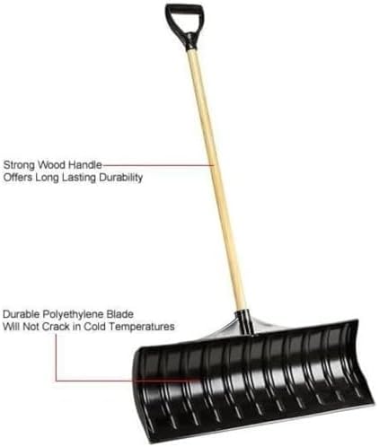 Snow Shovel with 24-Inch Wide Poly Blade, 45-Inch Wood Handle | D-Grip Handle Snow Pusher