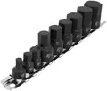 Performance Tool W38963 9-Piece Stubby Impact SAE Hex Bit Socket Set | Compact driver set for tight automotive spaces. 1/4 and 3/8 in. drive. CrMi steel. Includes socket storage rail