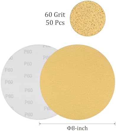 50pcs No Hole Sanding Discs- [ 8 Inch 60 Grit ] Round Hook and Loop Grip Sanding Pads Sheet Sandpaper for Automotive Woodworking Metal Polishing Use| Gold, Aluminum Oxide