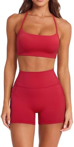 SUUKSESS Women 2 Piece Workout Sets Padded Halter Sports Bras High Waisted Biker Shorts with Pockets