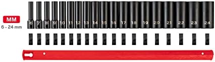 TEKTON 3/8 Inch Drive Impact Socket Set, 19-Piece | SID91115 | (6 - 24 mm), Deep, 12-Point, Socket Rail