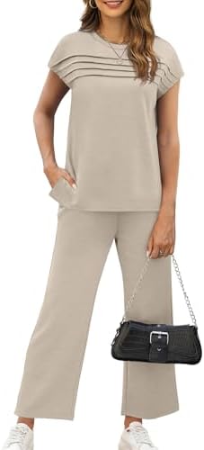 WIHOLL Two Piece Sets for Women Summer Spring Travel Vacation Outfits Cap Sleeve Lounge Matching Sets Wide Leg Pants S-3XL