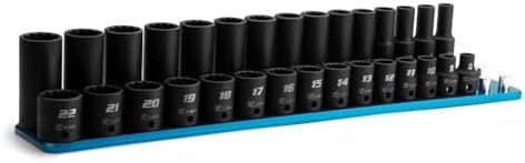 Capri Tools 3/8 in. Drive Shallow and Deep Impact Socket Set, 12-Point, Metric, 8 to 22 mm, 30-Piece with Blue Billet Aluminum Socket Rail