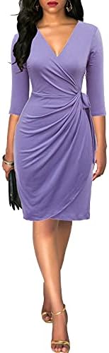 Berydress Women's 3/4 Sleeve V Neck Casual Party Work Faux Black Wrap Dress