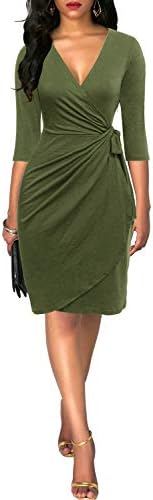 Berydress Women's 3/4 Sleeve V Neck Casual Party Work Faux Black Wrap Dress