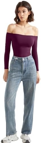 SUUKSESS Women Off Shoulder Long Sleeve Bodysuits Double Lined Basic Tops
